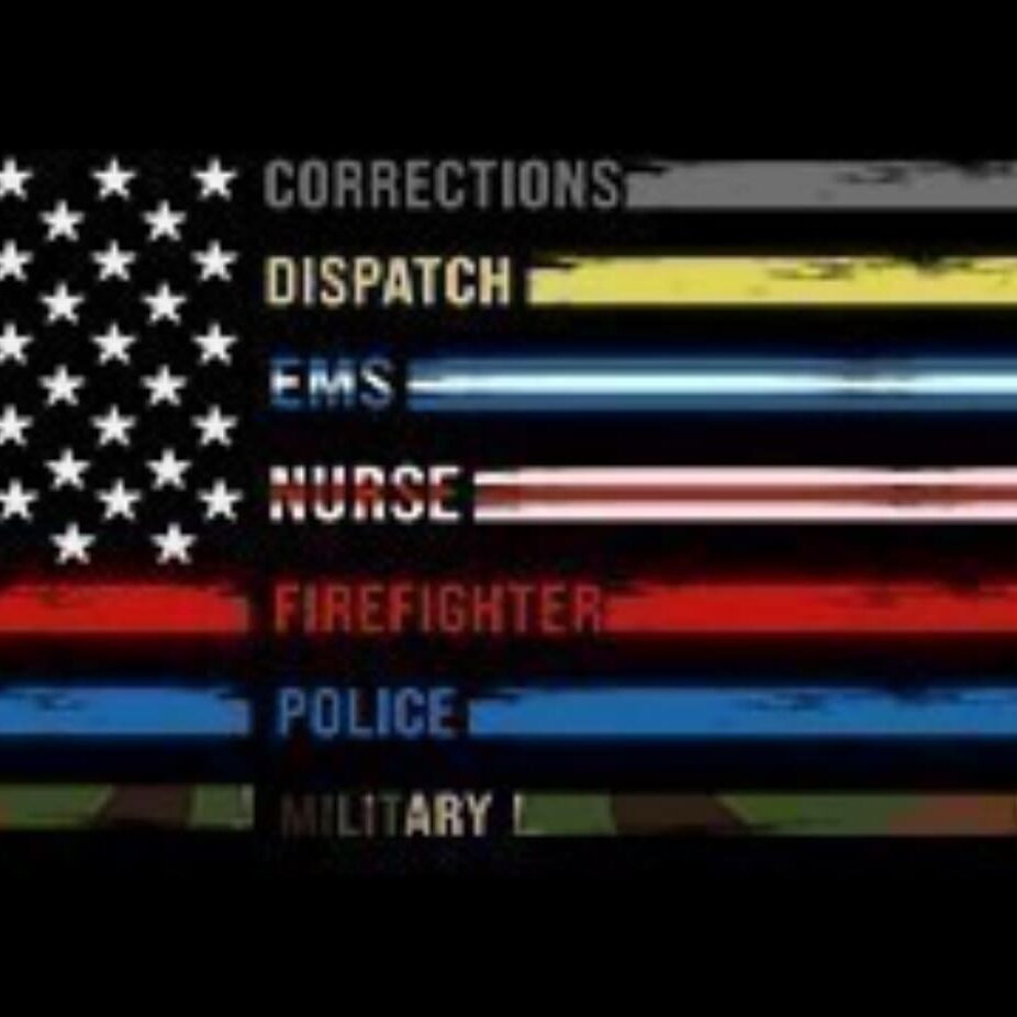 A flag with the words corrections, dispatch, ems, nurse, firefighter, police and military.